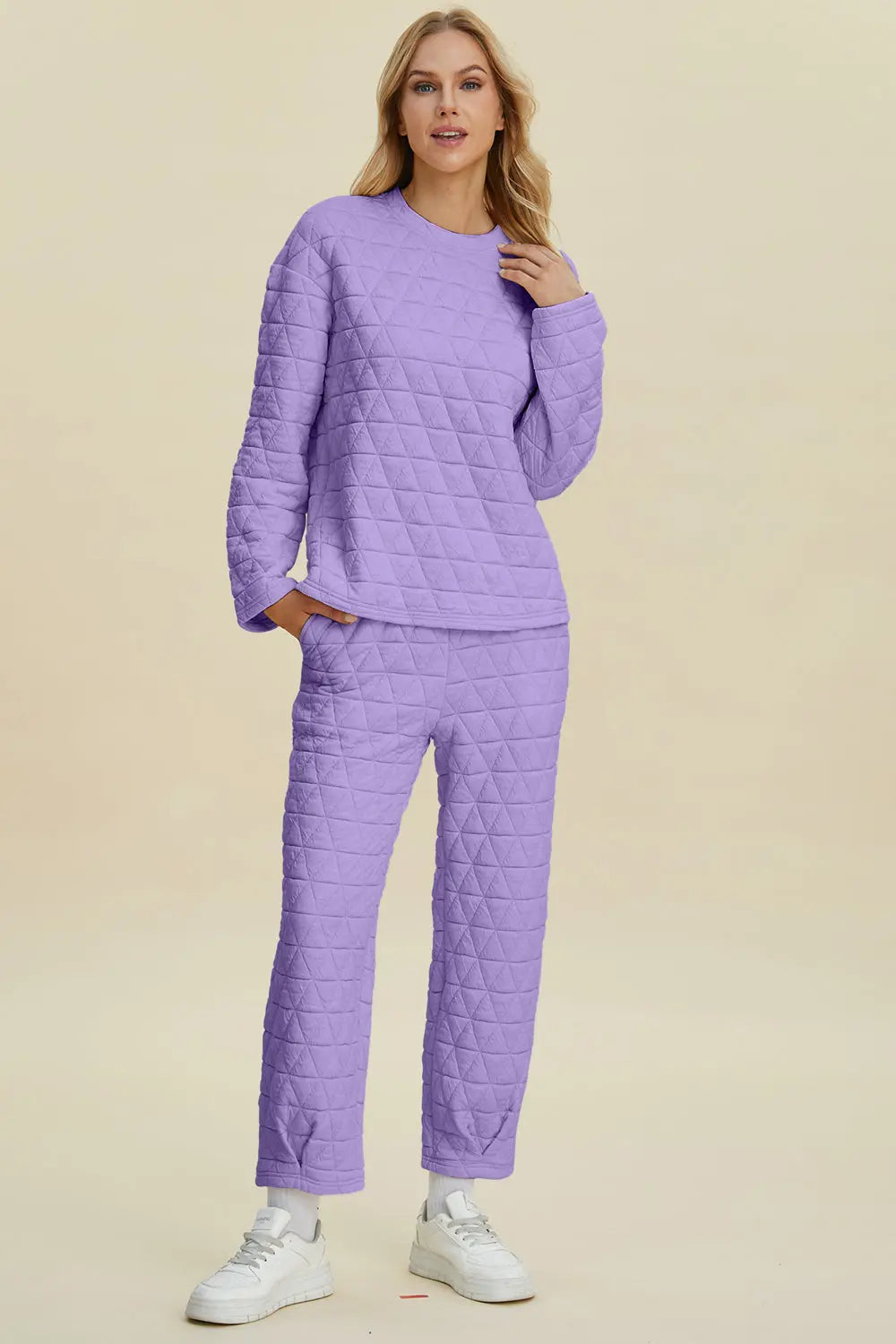 Double Take Full Size Texture Round Neck Long Sleeve Top and Pants Set-Very Besty