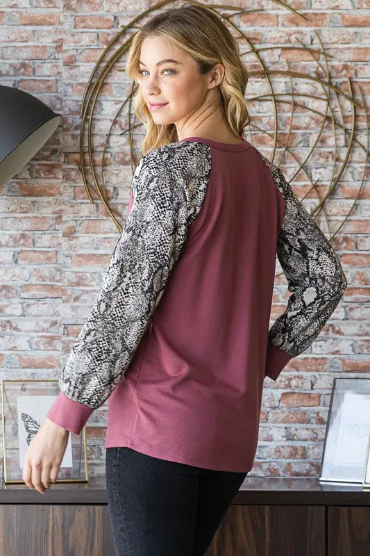Heimish Full Size Snakeskin Print Raglan Sleeve Half Button Top-Very Besty
