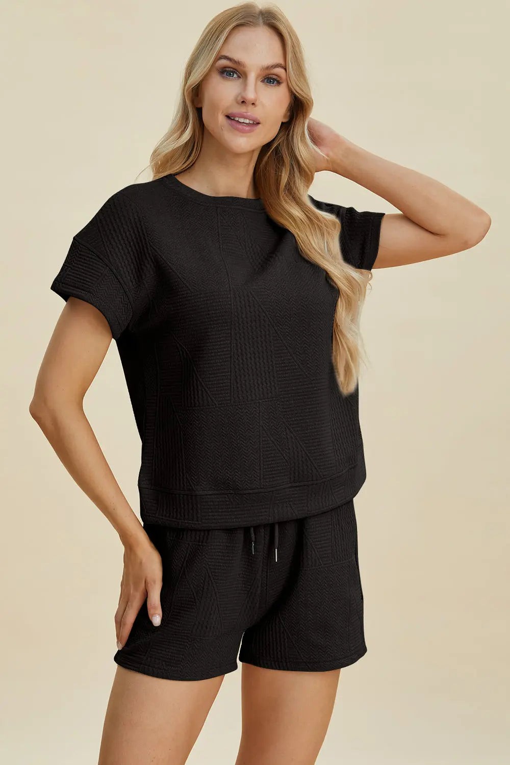 Double Take Full Size Texture Short Sleeve Top and Shorts Set-Very Besty
