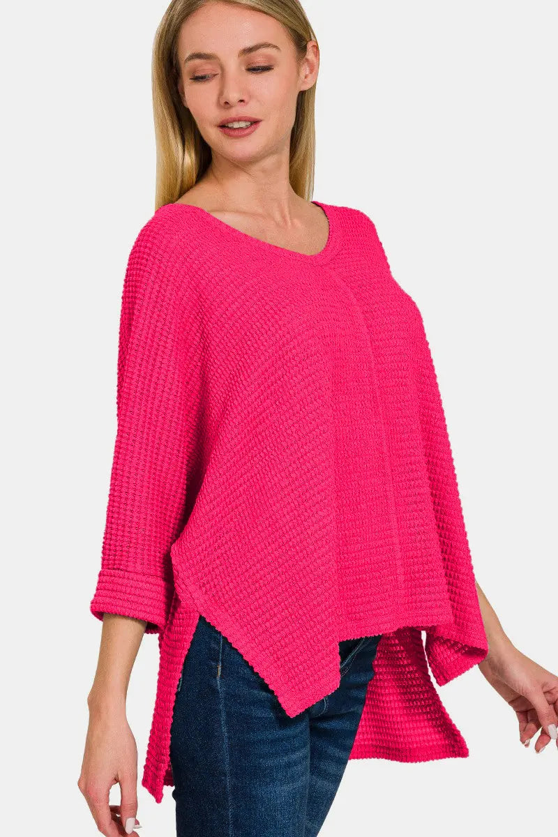 Zenana V-Neck High-Low Jacquard Knit Top-Very Besty