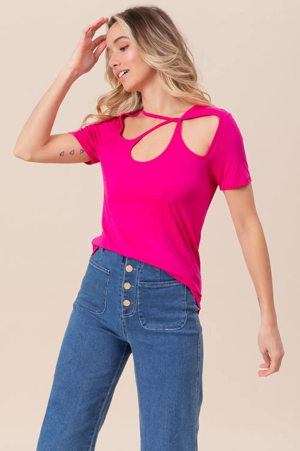 BiBi Cutout Asymmetrical Neck Short Sleeve T-Shirt-Very Besty