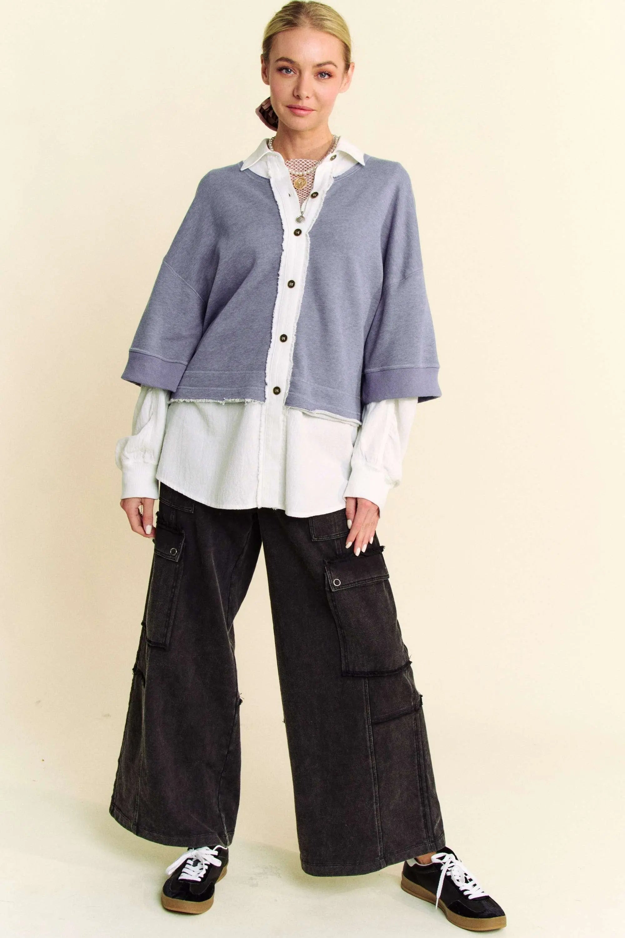 Davi & Dani Faux Layered French Terry Contrast Top-Very Besty