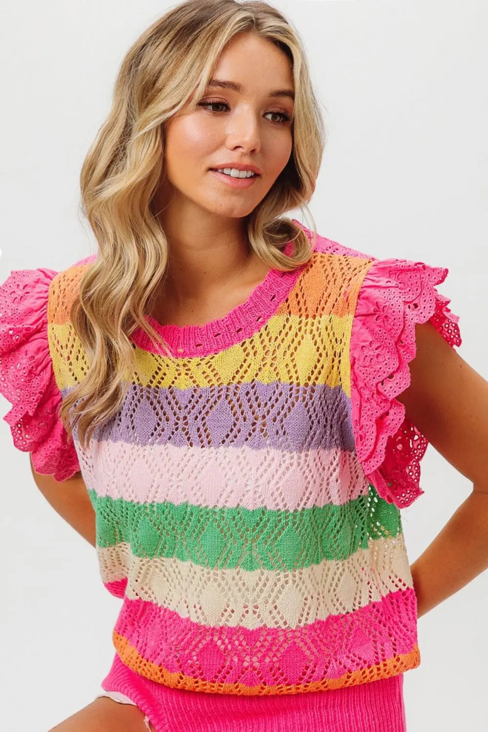 BiBi Pointelle Striped Ruffled Knit Top-Very Besty