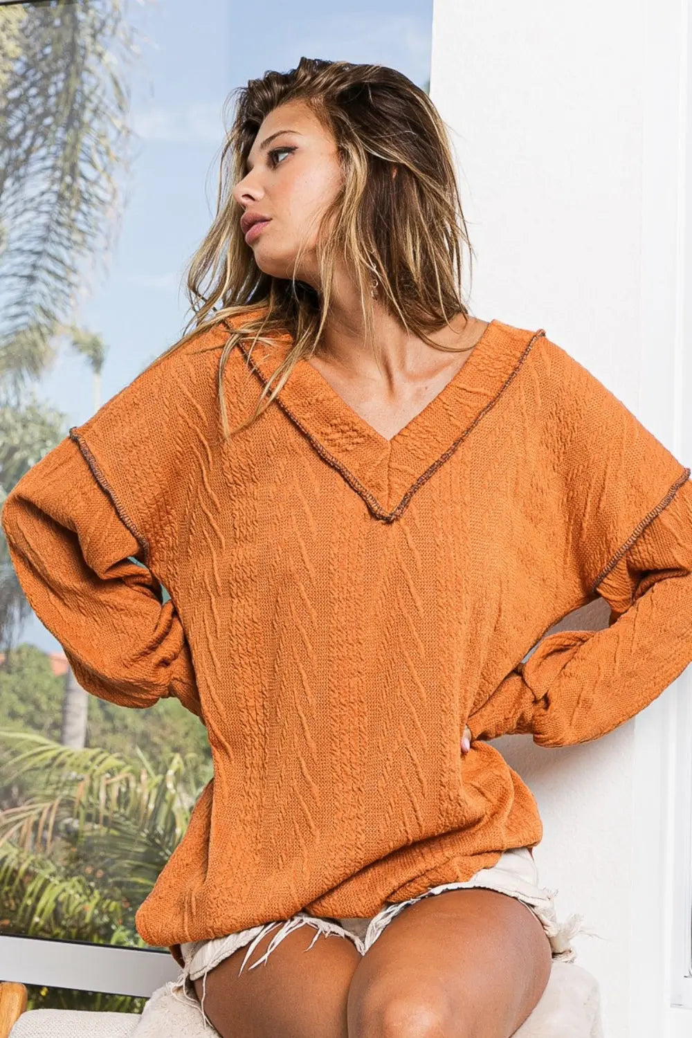 BiBi Textured Exposed Seam Drop Shoulder Knit Top-Very Besty