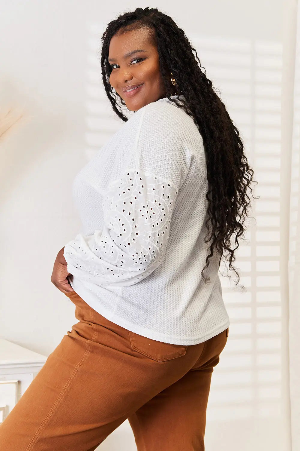 Shiny Eyelet Dropped Shoulder Round Neck Blouse-Very Besty