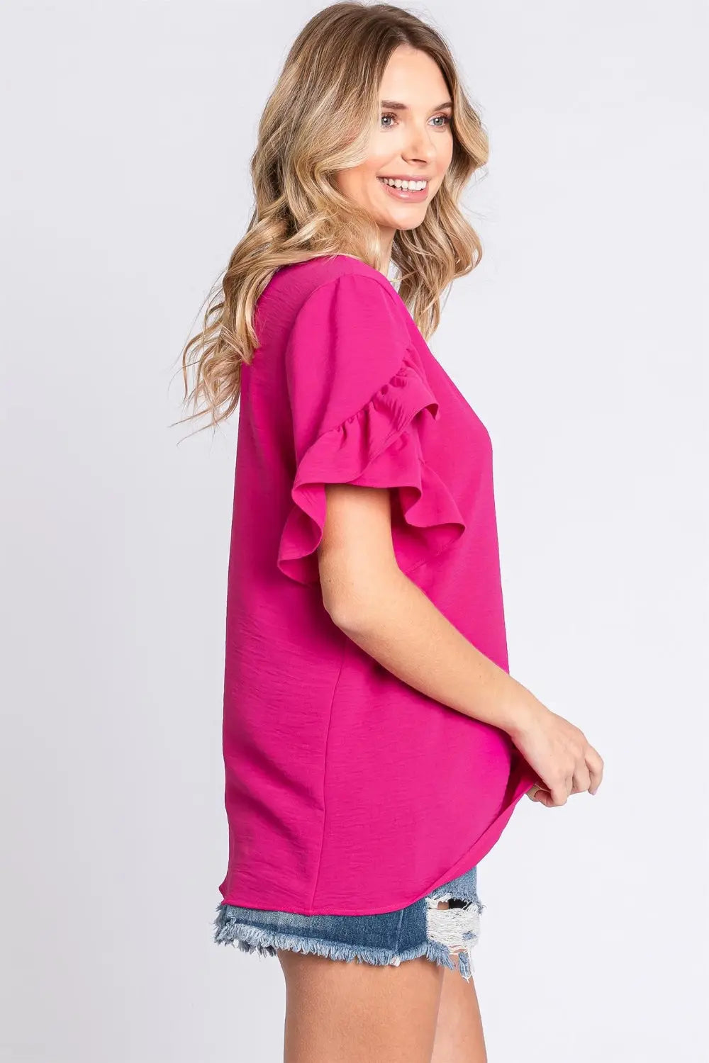 GeeGee V-Neck Ruffle Trim Short Sleeve Blouse-Very Besty