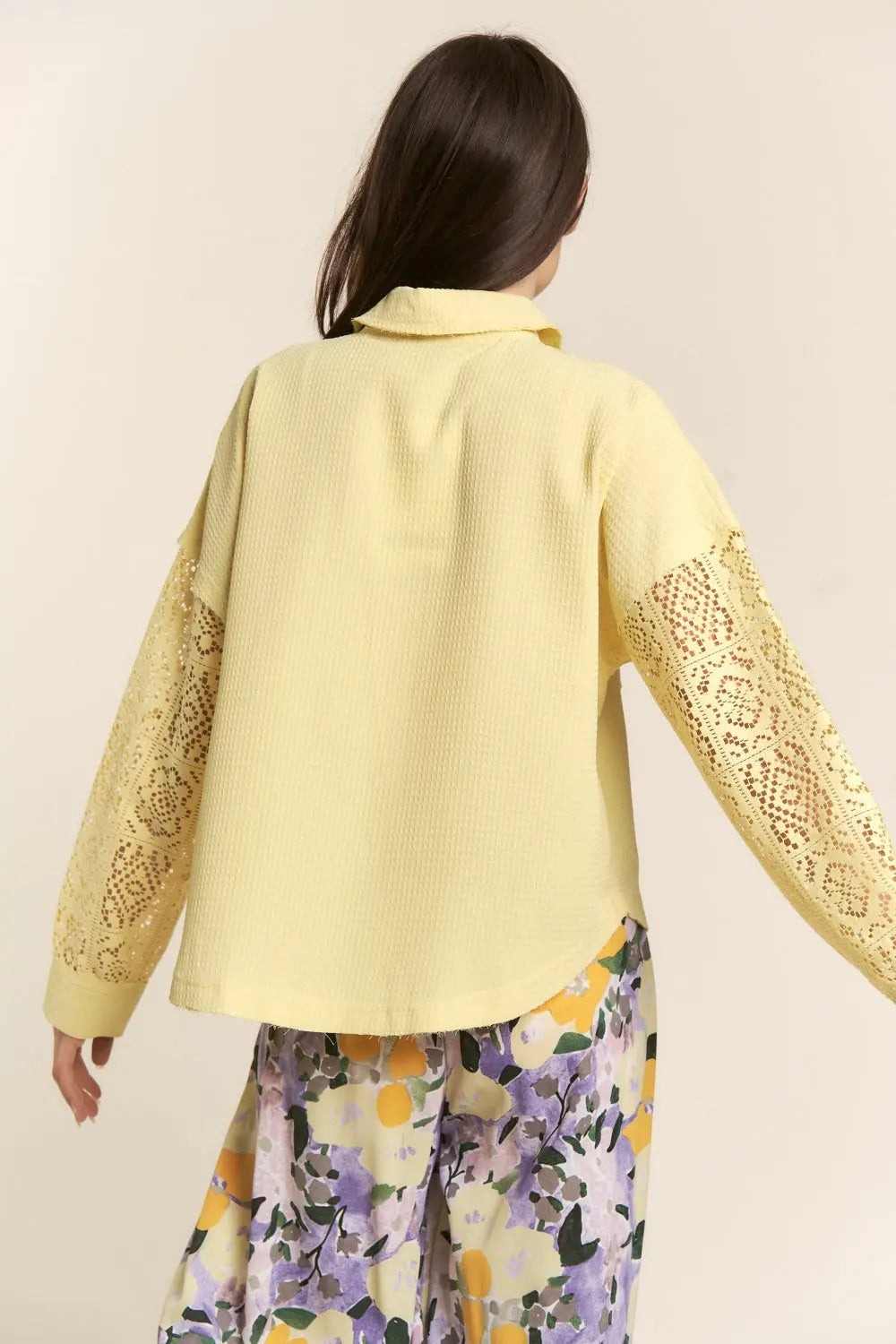 J.NNA Button Down Lace Long Sleeve Waffle Shirt-Very Besty