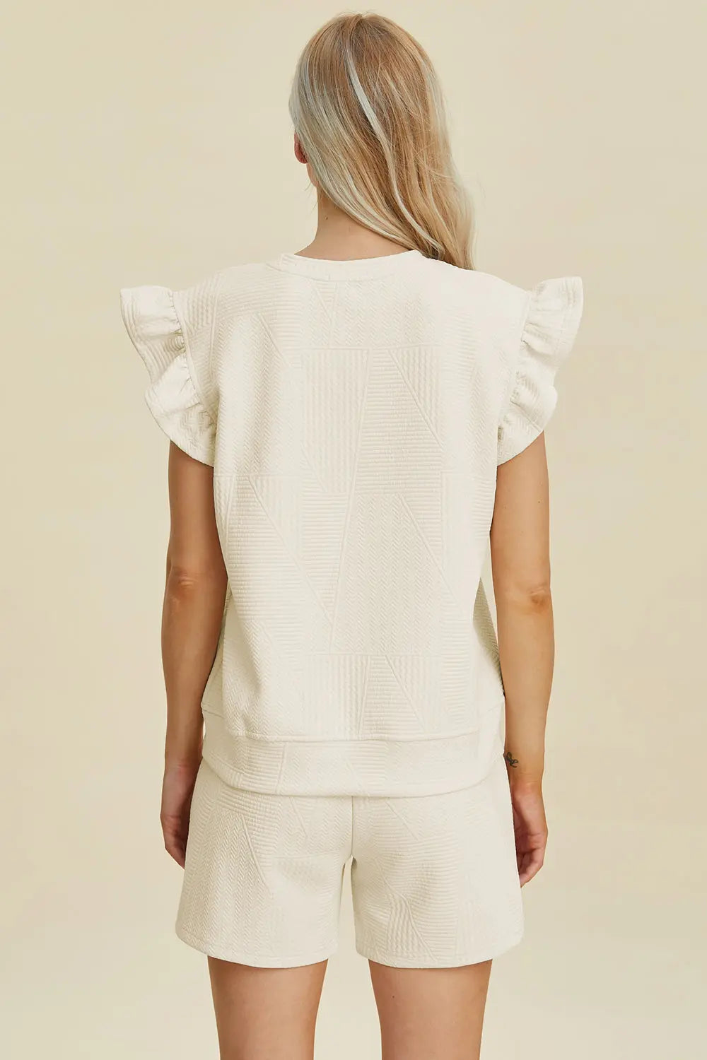 Double Take Full Size Texture Round Neck Ruffle Sleeve Top and Shorts Set-Very Besty