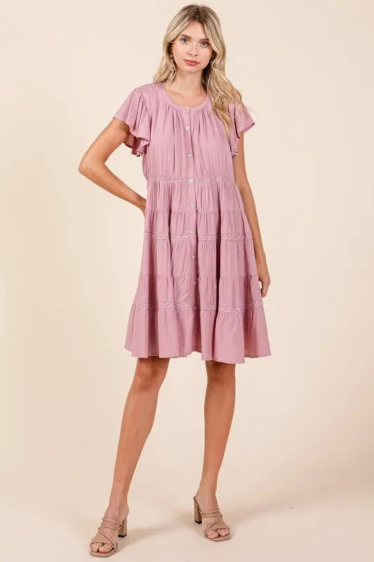 Mittoshop Lace Detail Ruffled Button Down Tiered Dress-Very Besty