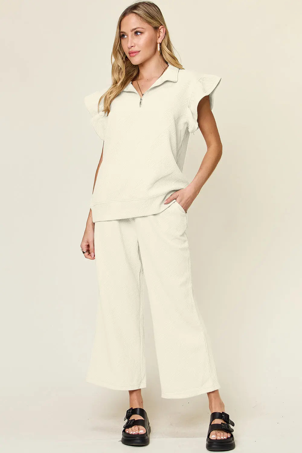 Double Take Texture Ruffle Short Sleeve Top and Drawstring Wide Leg Pants Set-Very Besty