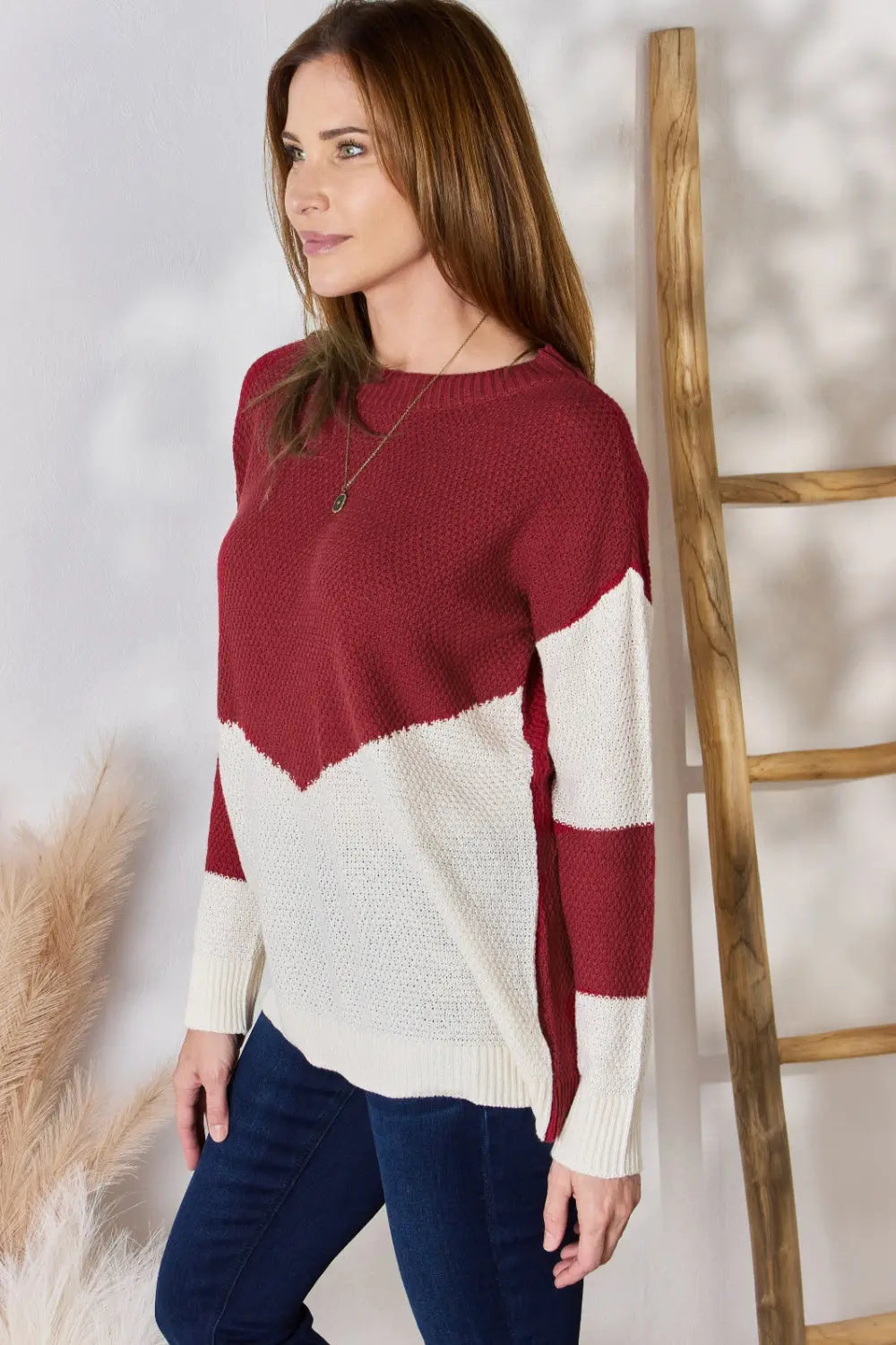 Hailey & Co Full Size Color Block Dropped Shoulder Knit Top-Very Besty