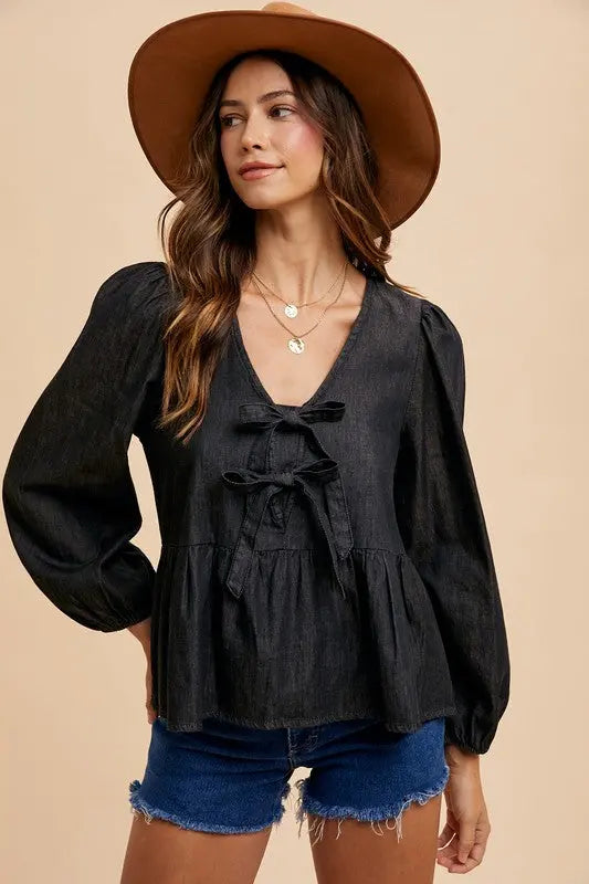 Annie Wear Tie Front Peplum Long Sleeve Denim Top-Very Besty