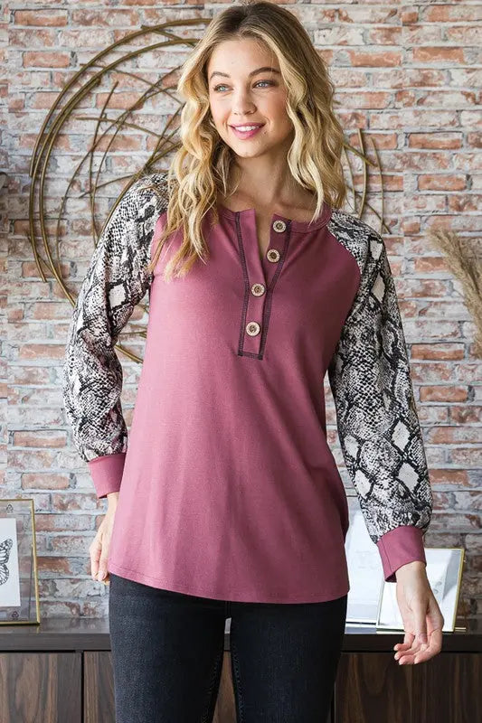 Heimish Full Size Snakeskin Print Raglan Sleeve Half Button Top-Very Besty