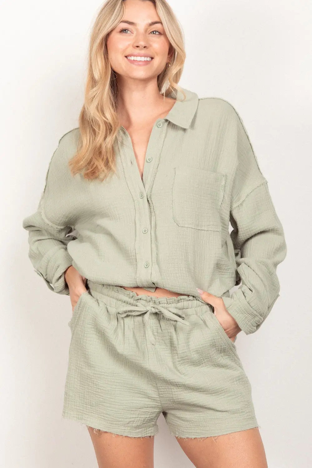 VERY J Texture Button Up Shirt and Shorts Set-Very Besty