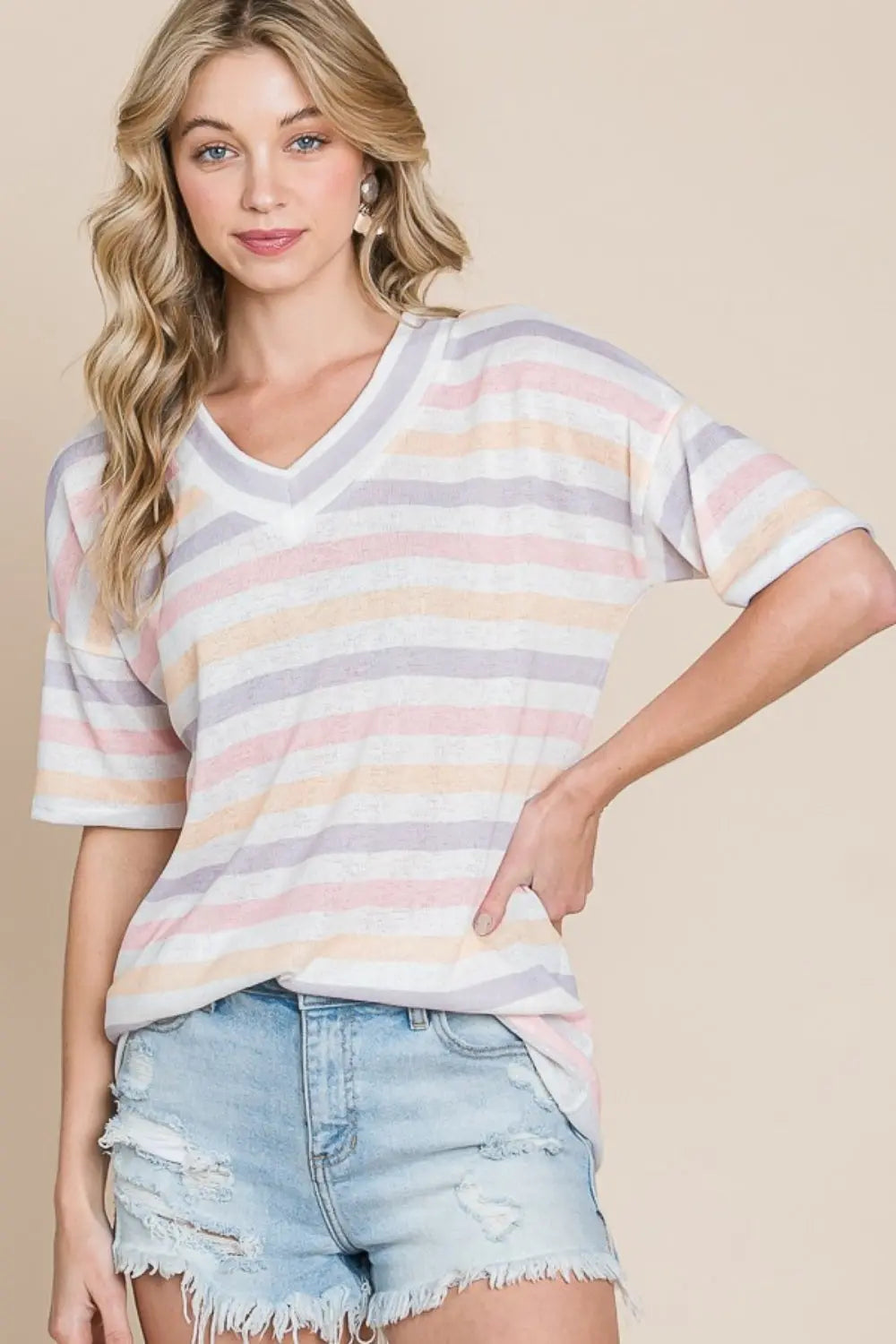 BOMBOM Striped V-Neck Short Sleeve T-Shirt-Very Besty