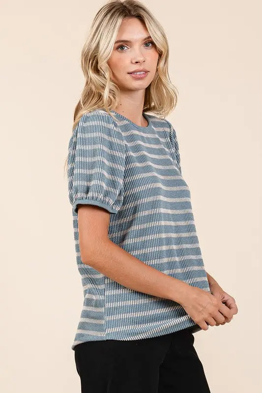 Mittoshop Contrast Striped Short Puff Sleeve Knit Top-Very Besty
