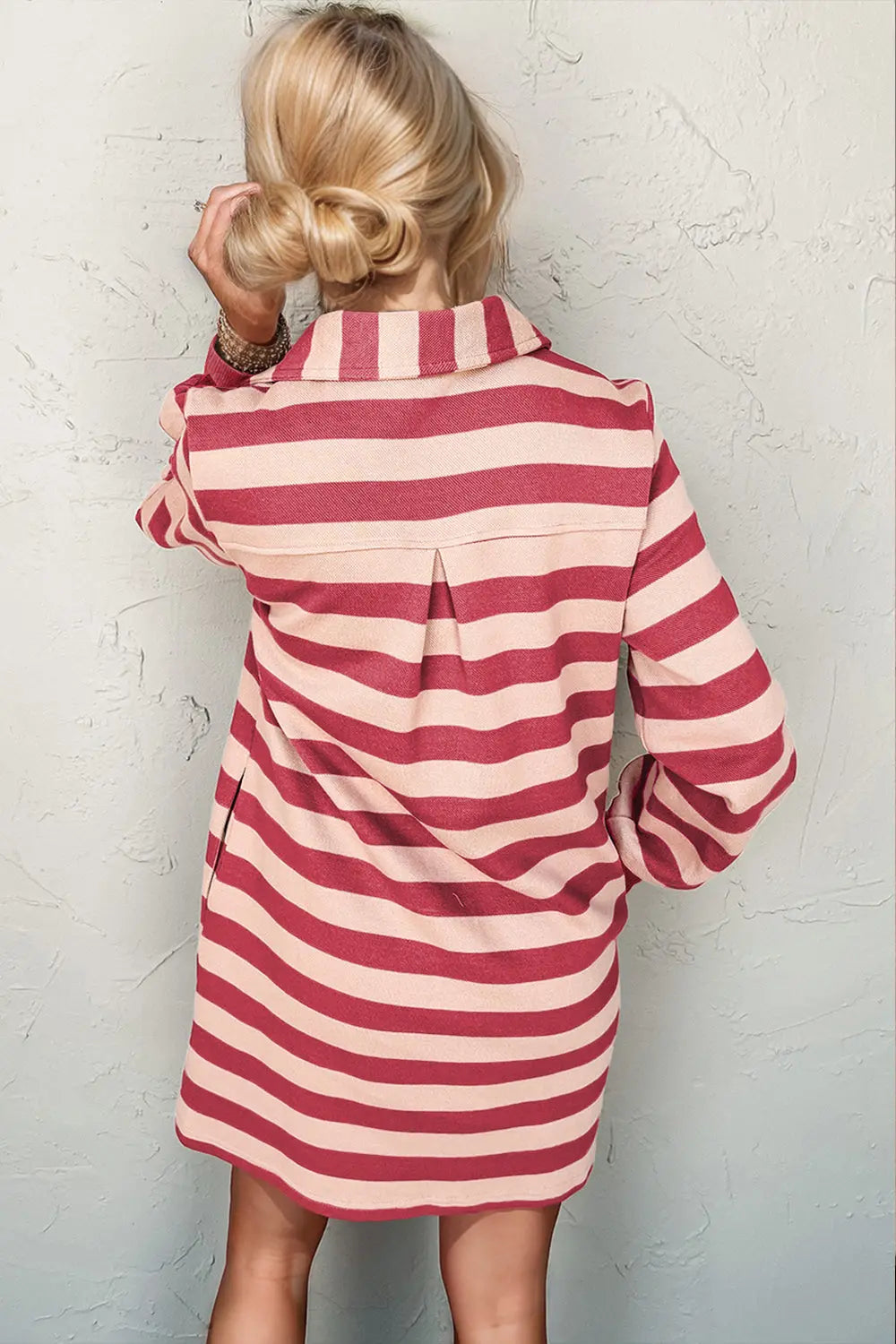 Double Take Full Size Striped Contrast Collared Neck Long Sleeve Dress-Very Besty