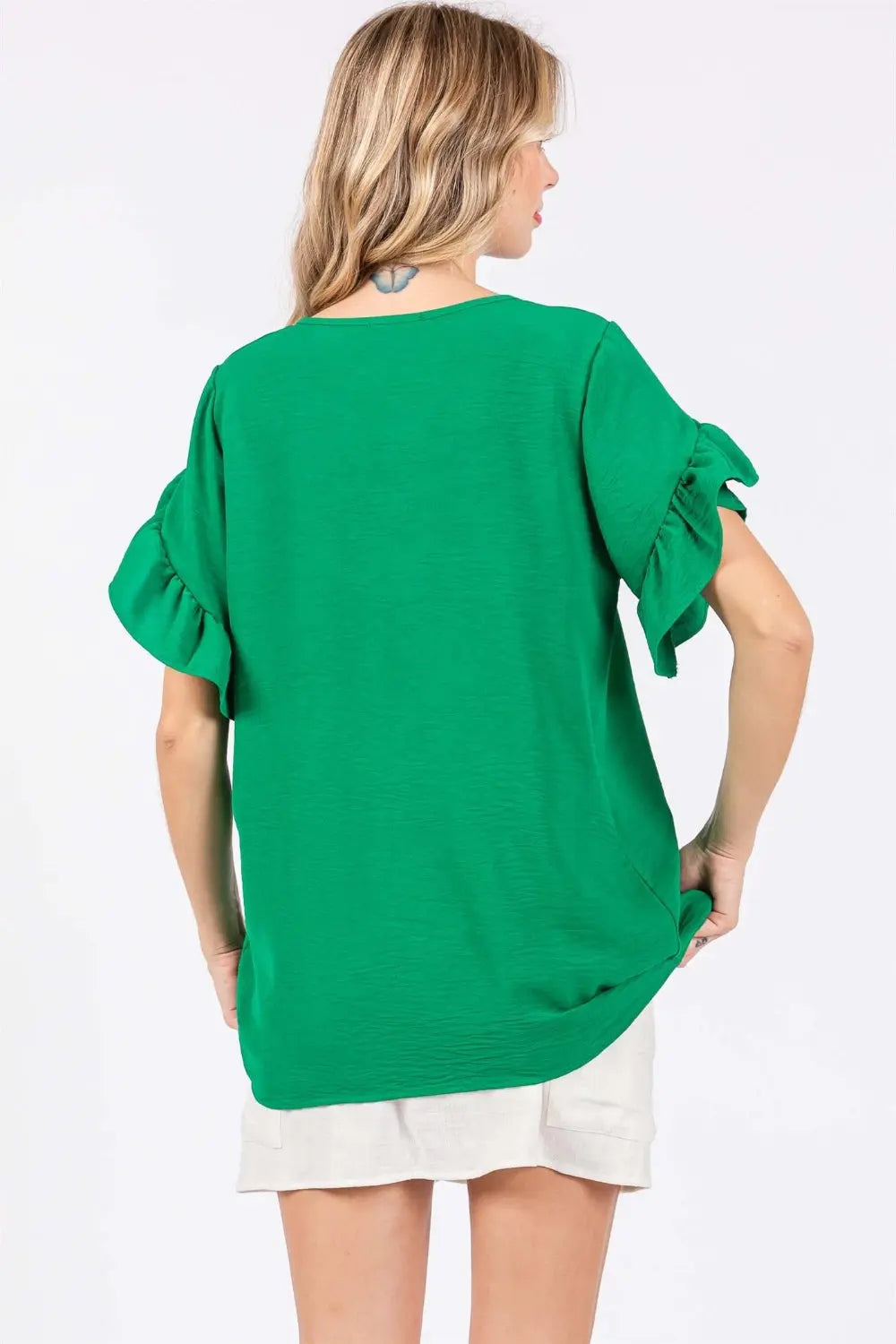 GeeGee Ruffled Short Sleeve V-Neck Blouse-Very Besty