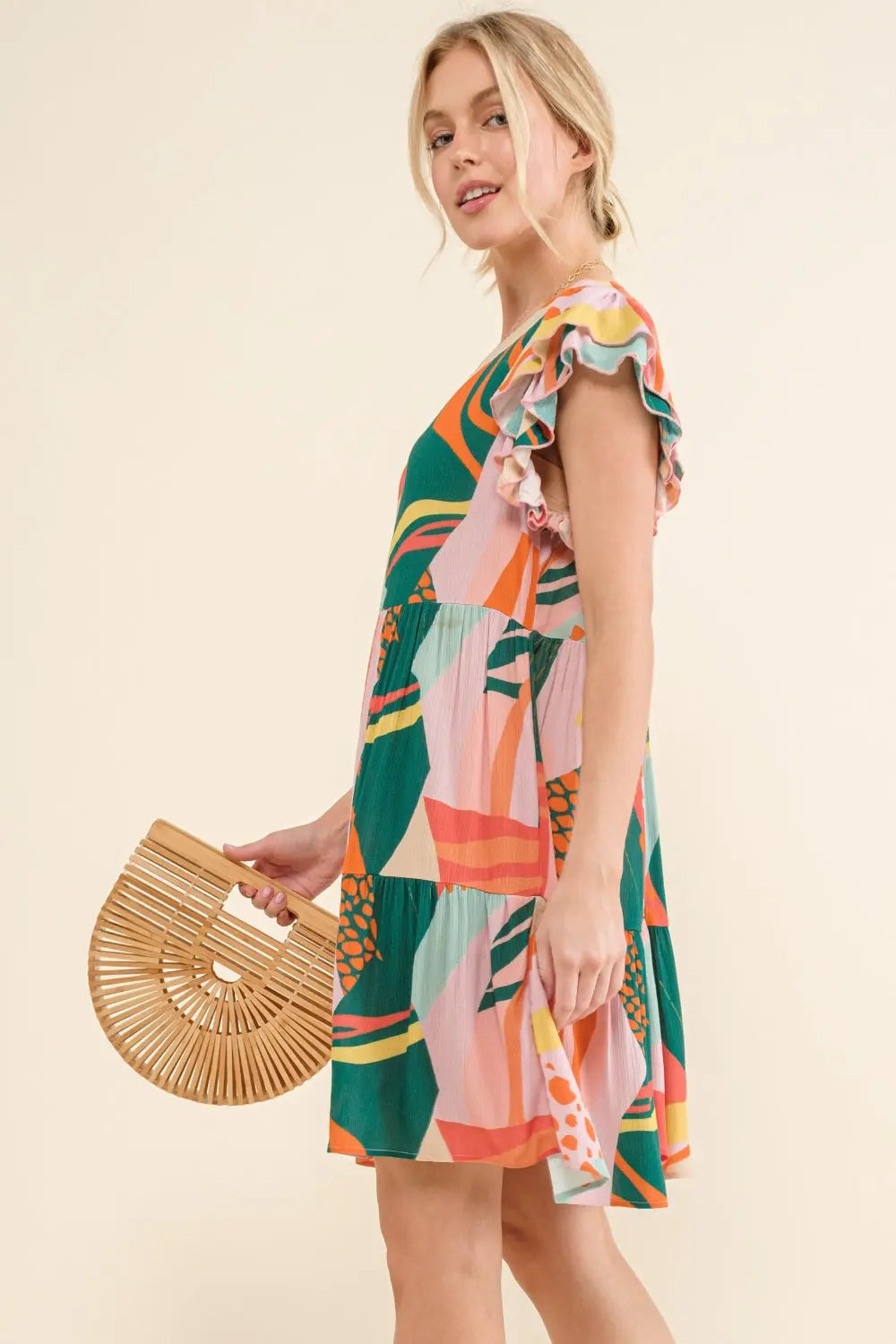 And The Why Printed Double Ruffle Sleeve Dress-Very Besty