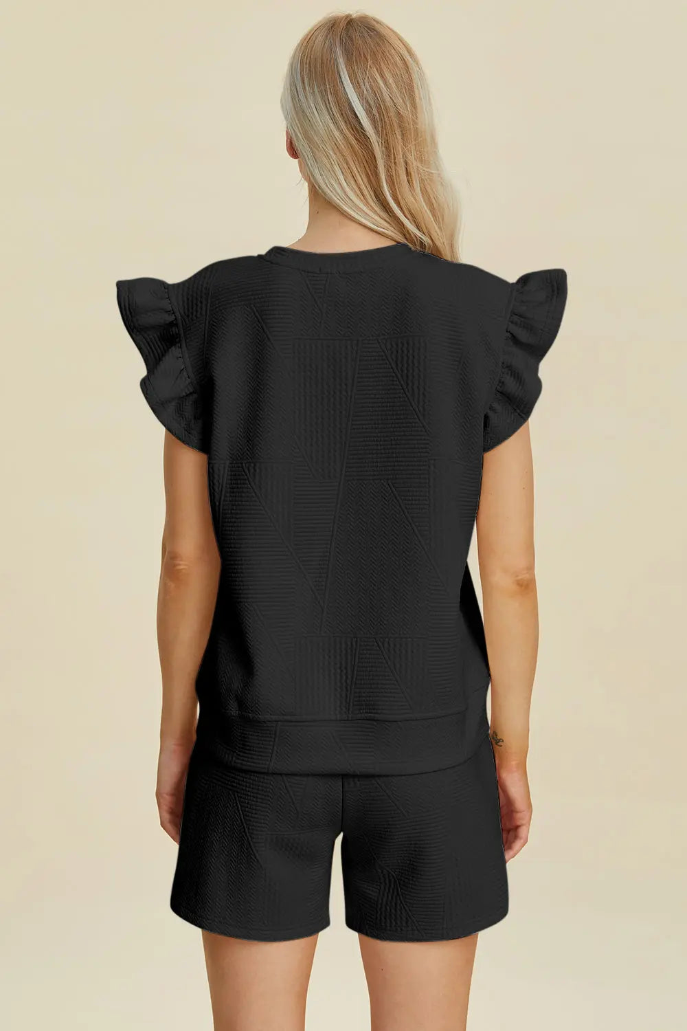 Double Take Full Size Texture Round Neck Ruffle Sleeve Top and Shorts Set-Very Besty