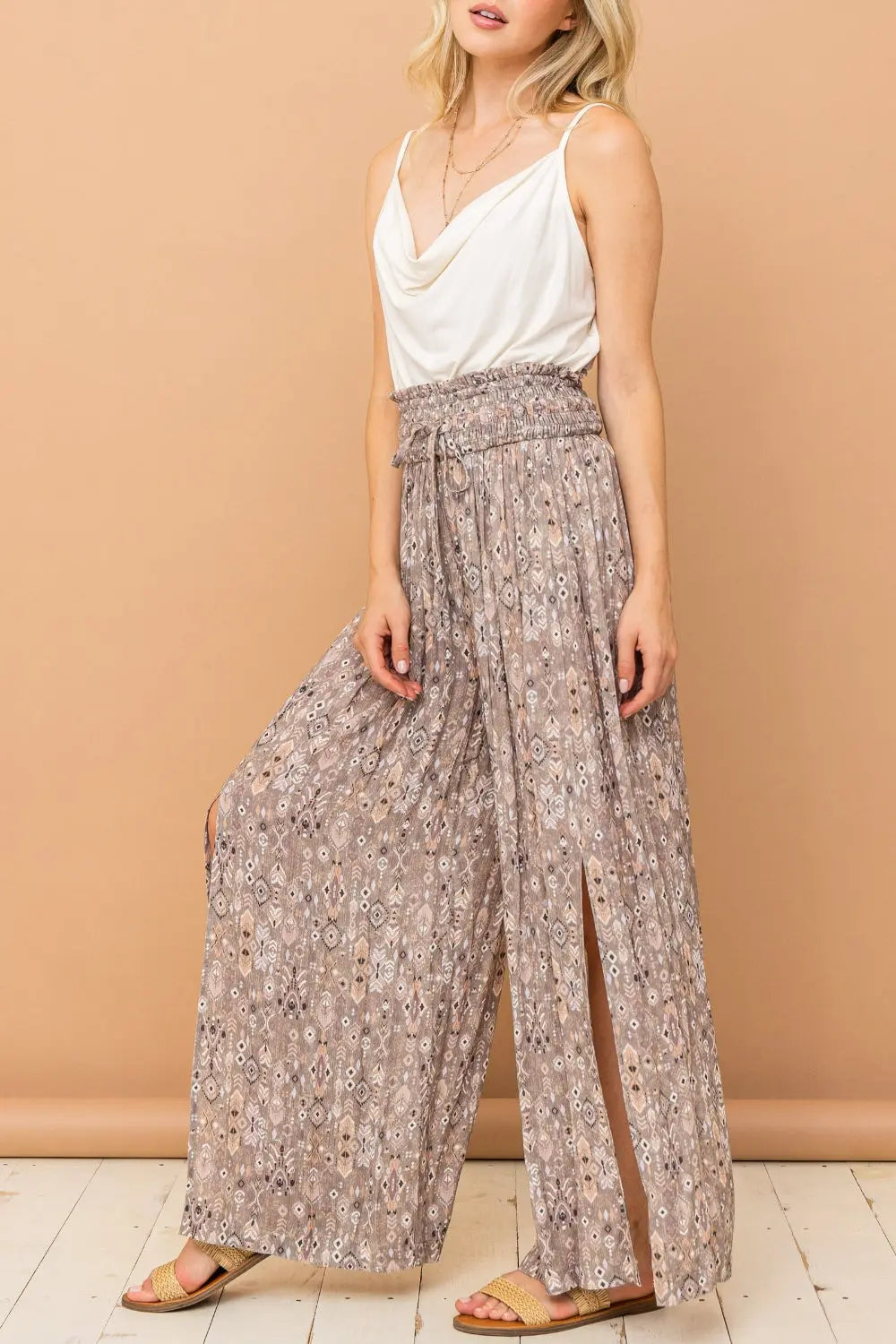 And The Why Printed Smocked Waist Slit Wide Leg Pants-Very Besty