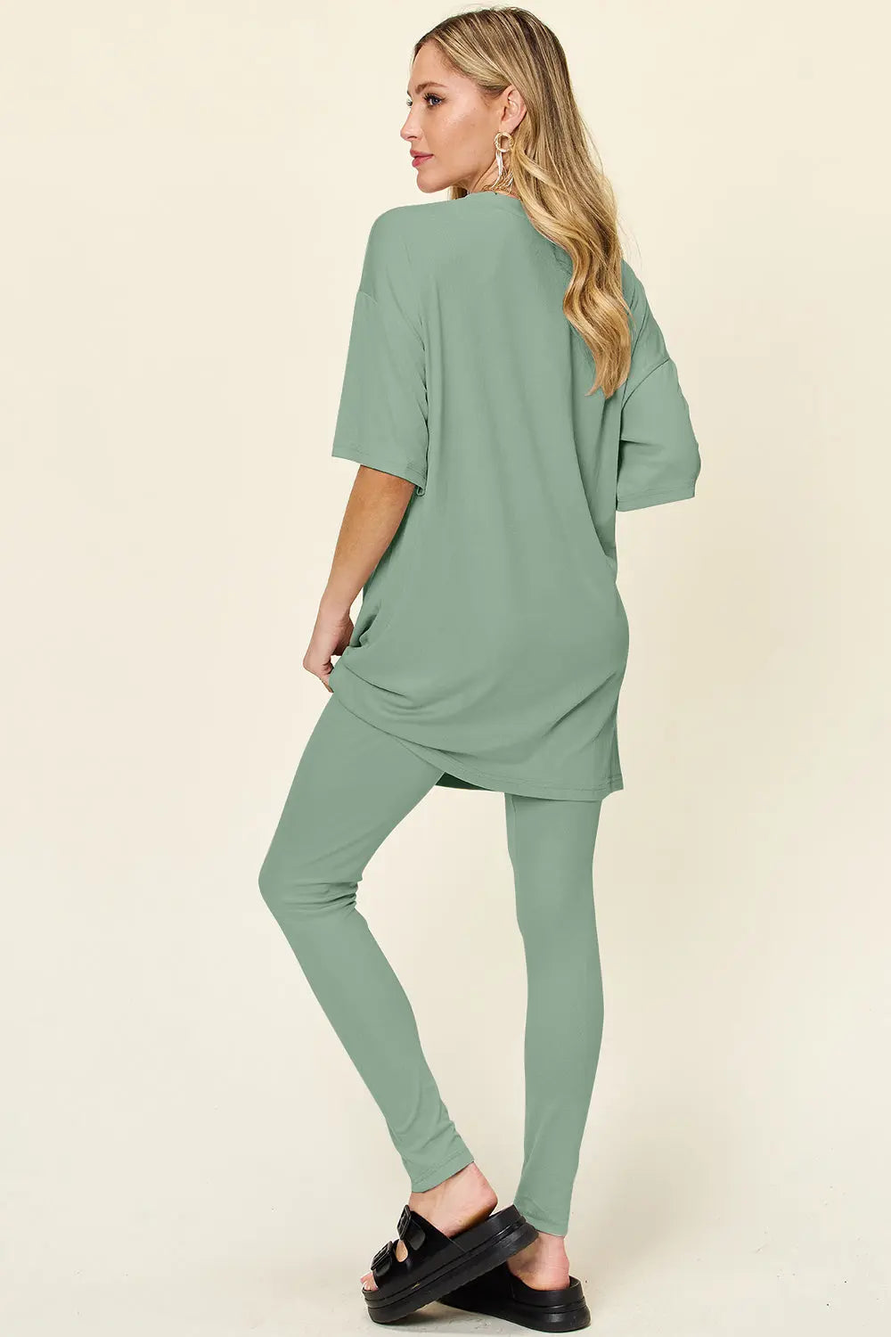 Double Take Full Size Round Neck Dropped Shoulder T-Shirt and Leggings Set-Very Besty