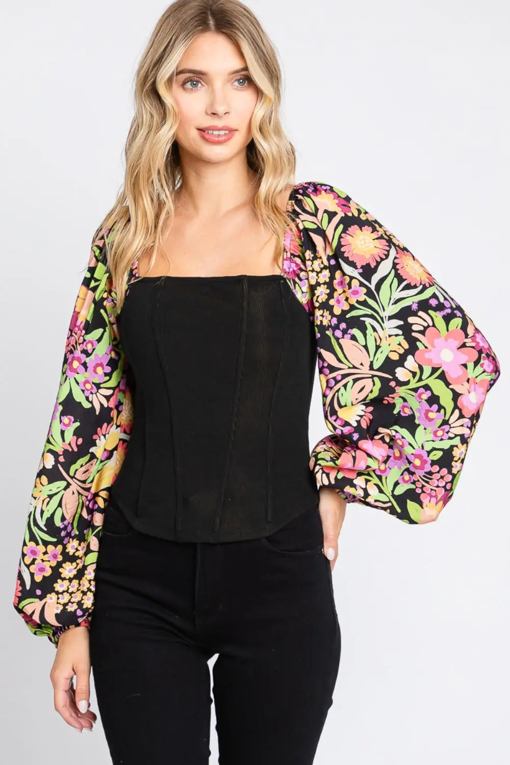 ODDI Full Size Floral Balloon Sleeve Blouse-Very Besty