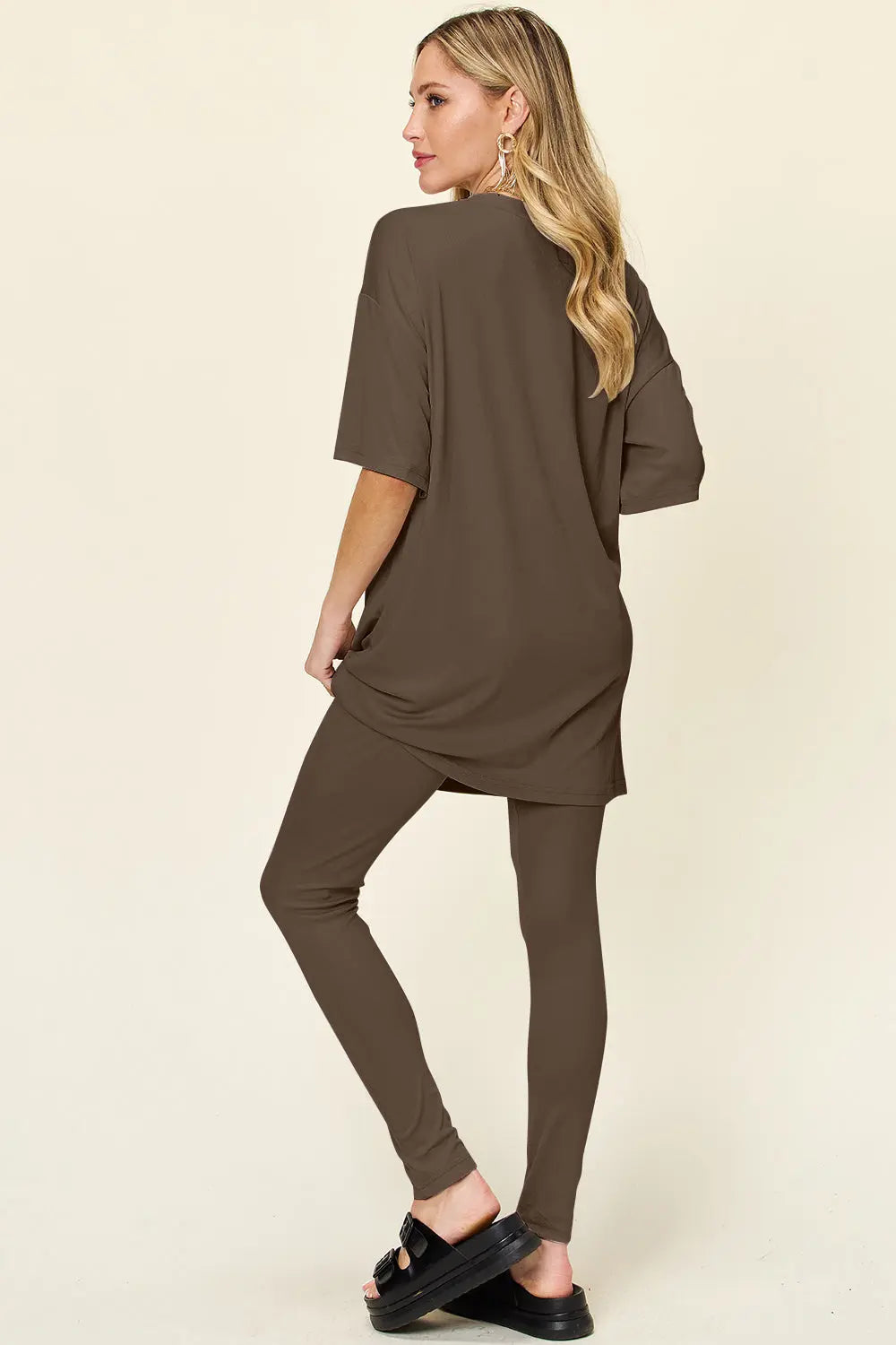 Double Take Full Size Round Neck Dropped Shoulder T-Shirt and Leggings Set-Very Besty
