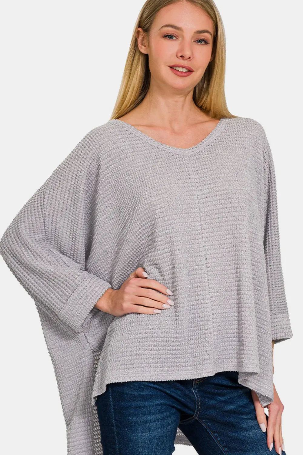 Zenana Waffle Knit V-Neck Long Sleeve Slit Top-Very Besty
