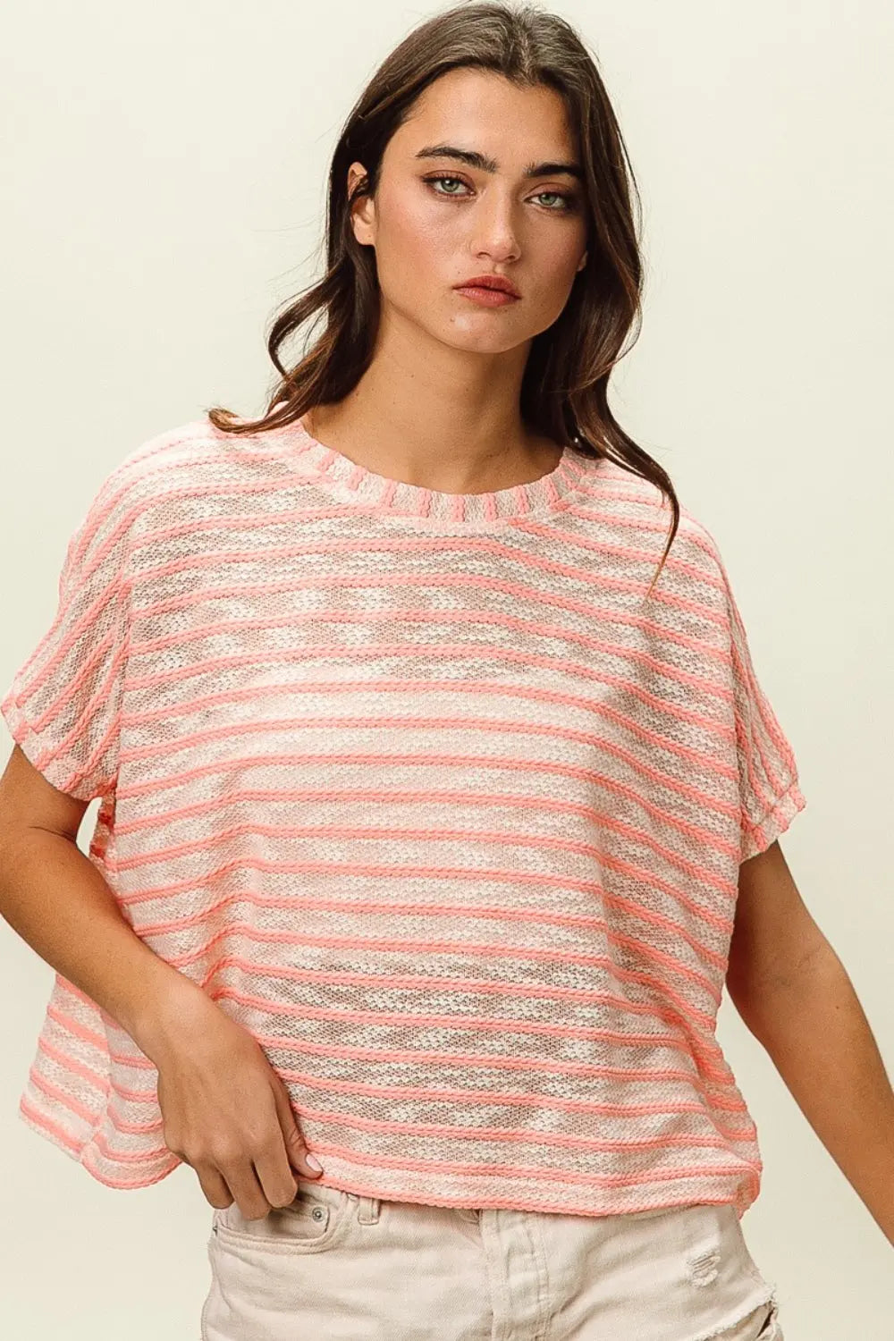 BiBi Braid Striped Short Sleeve Round Neck T-Shirt-Very Besty
