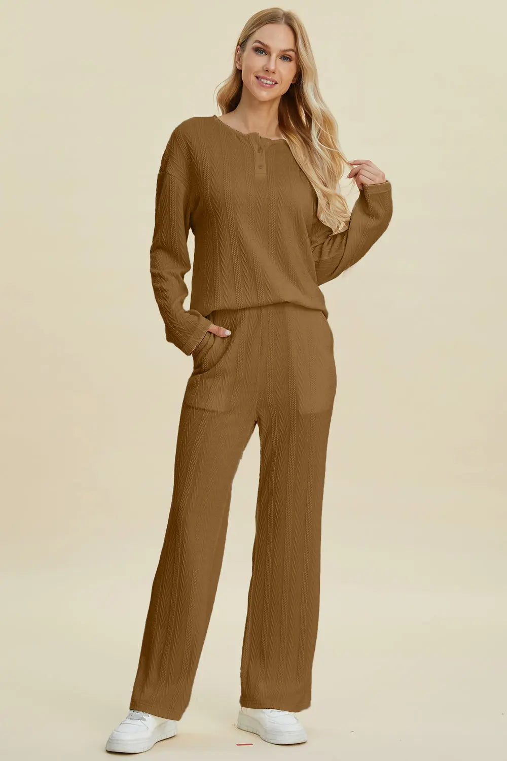 Double Take Full Size Cable-Knit Long Sleeve Top and Pants Set-Very Besty