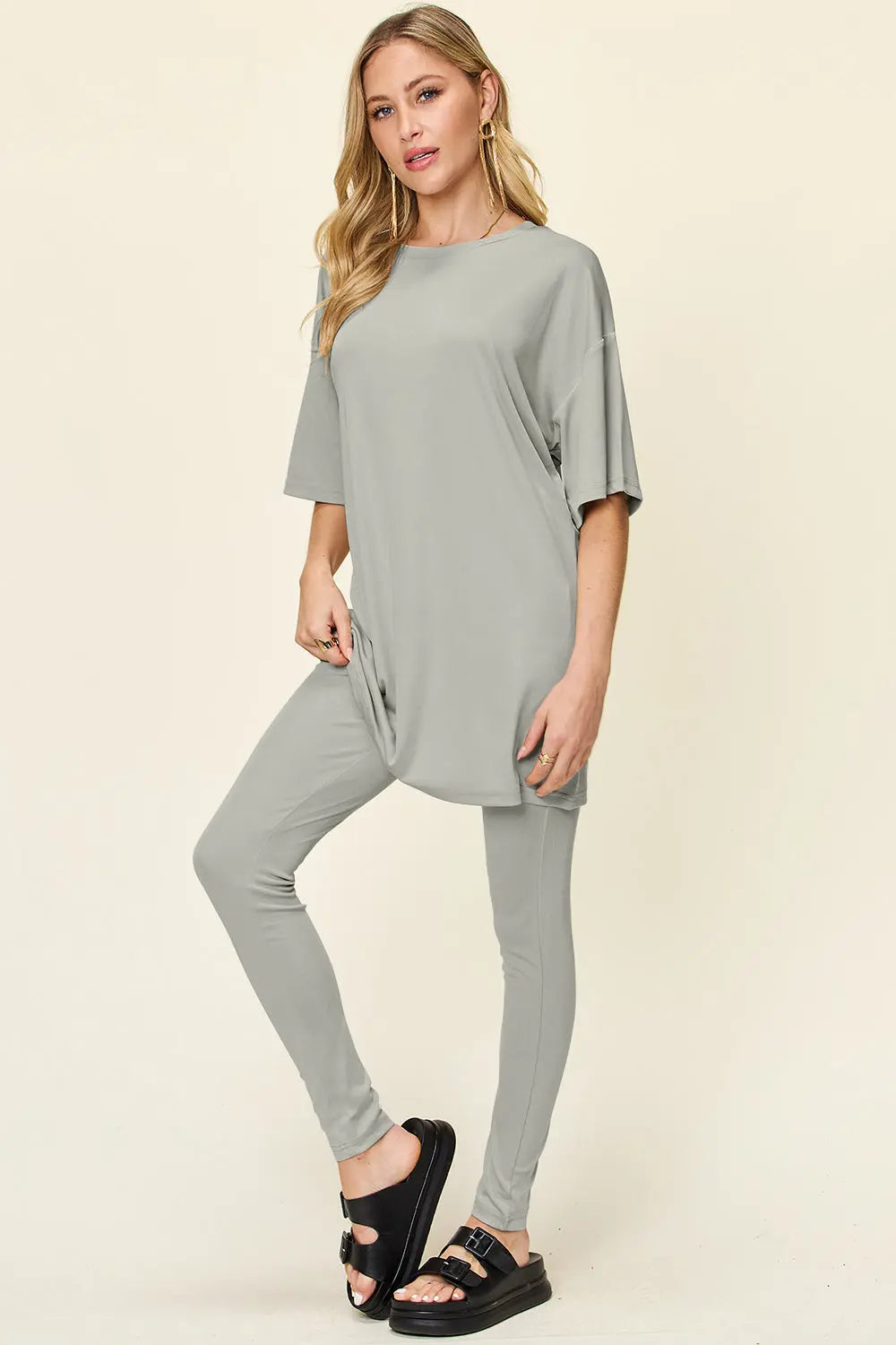 Double Take Full Size Round Neck Dropped Shoulder T-Shirt and Leggings Set-Very Besty