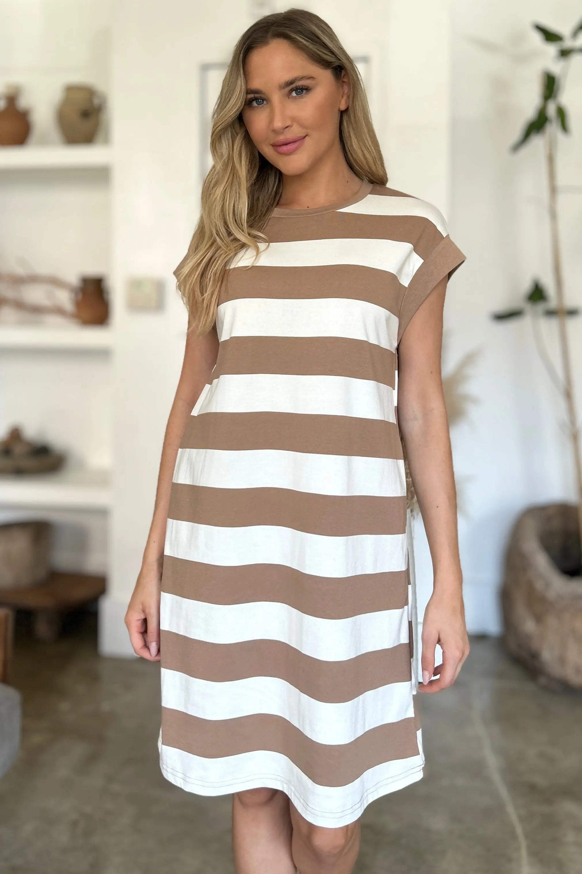 Basic Bae Full Size Striped Round Neck Cap Sleeve Mini Dress-Very Besty