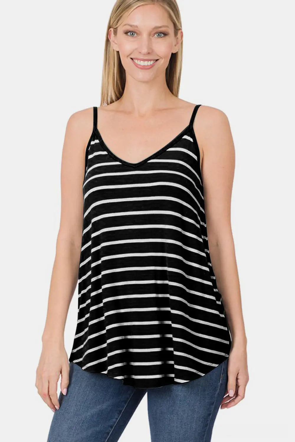 Zenana Striped V-Neck Curved Hem Cami-Very Besty