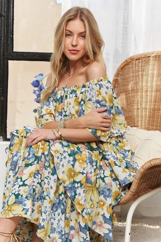 ADORA Layered Floral Off-Shoulder Short Sleeve Maxi Dress-Very Besty