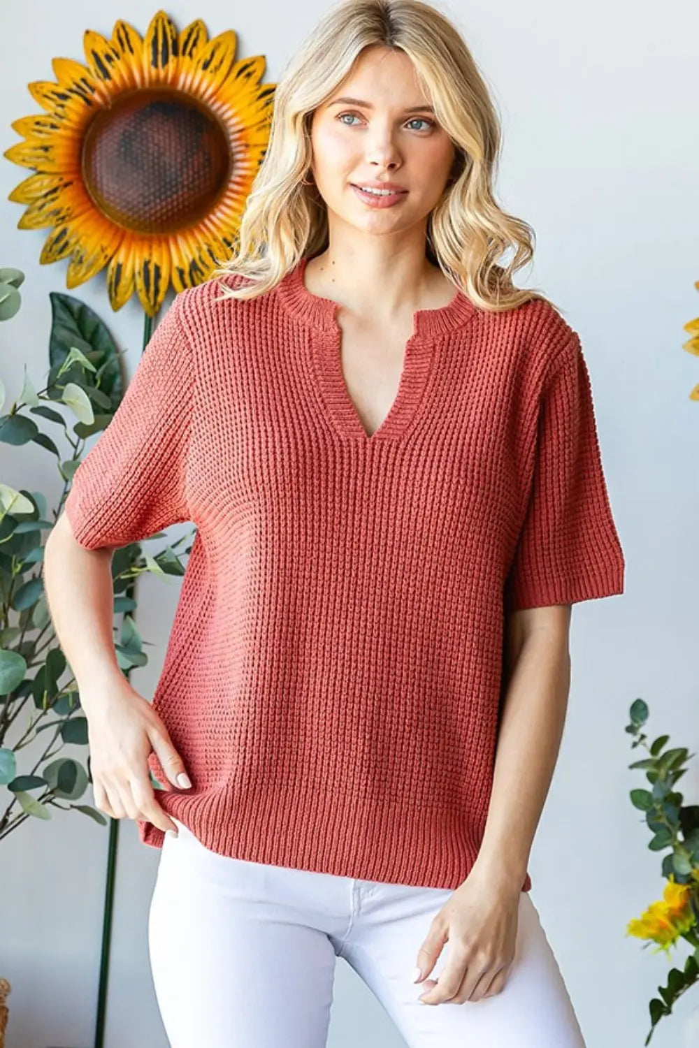 First Love Notched Short Sleeve Knit Top-Very Besty