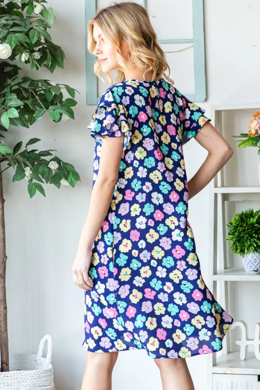 Heimish Full Size Floral Ruffled Short Sleeve Dress with Pockets-Very Besty