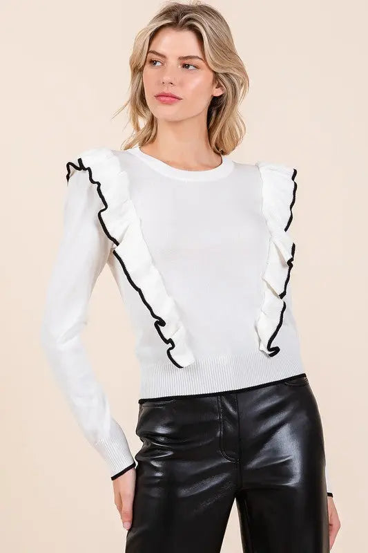Mittoshop Contrast Trim Ruffled Round Neck Knit Top-Very Besty