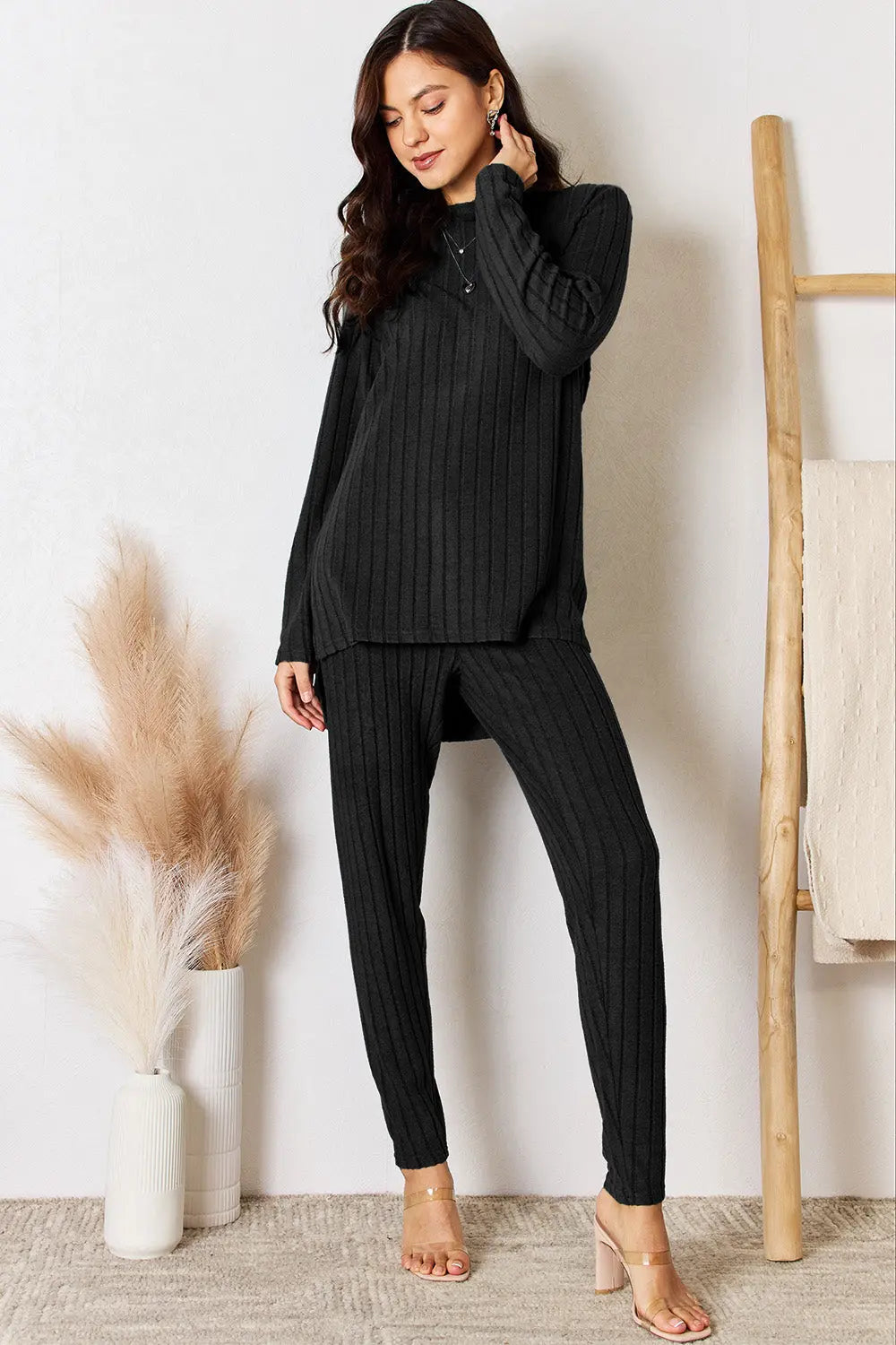 Basic Bae Full Size Ribbed Round Neck High-Low Slit Top and Pants Set-Very Besty