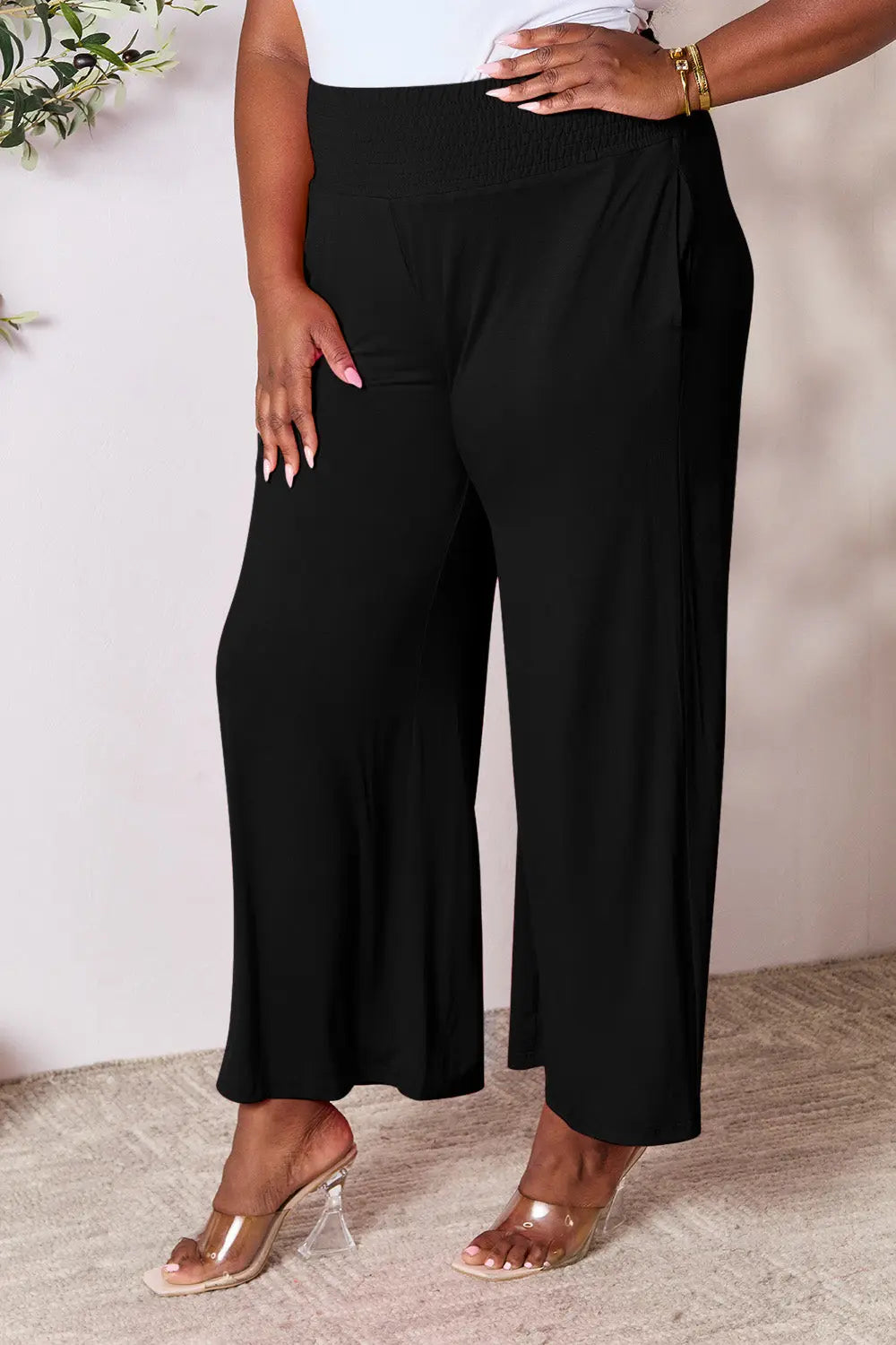 Basic Bae Full Size Smocked Wide Waistband Wide Leg Pants-Very Besty