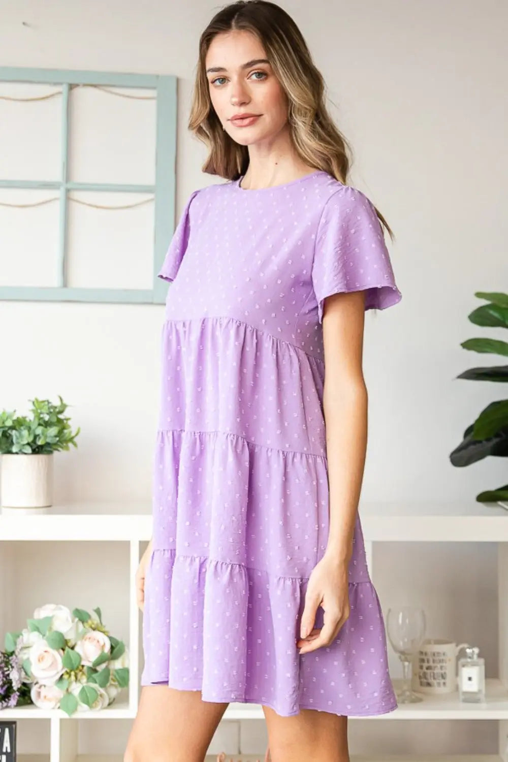 Heimish Full Size Swiss Dot Short Sleeve Tiered Dress-Very Besty