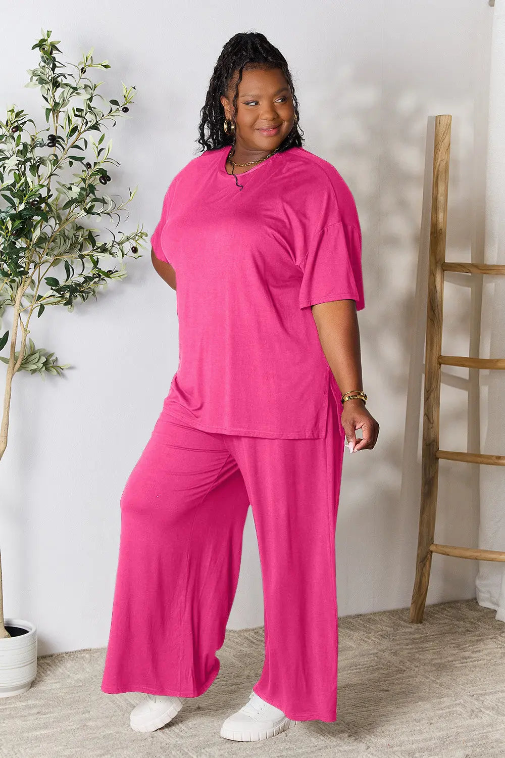 Double Take Full Size Round Neck Slit Top and Pants Set-Very Besty