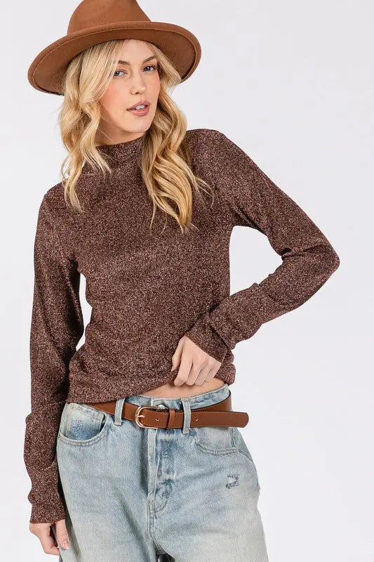 SAGE + FIG Glitter Mock Neck Lettuce Hem Long Sleeve Top-Very Besty