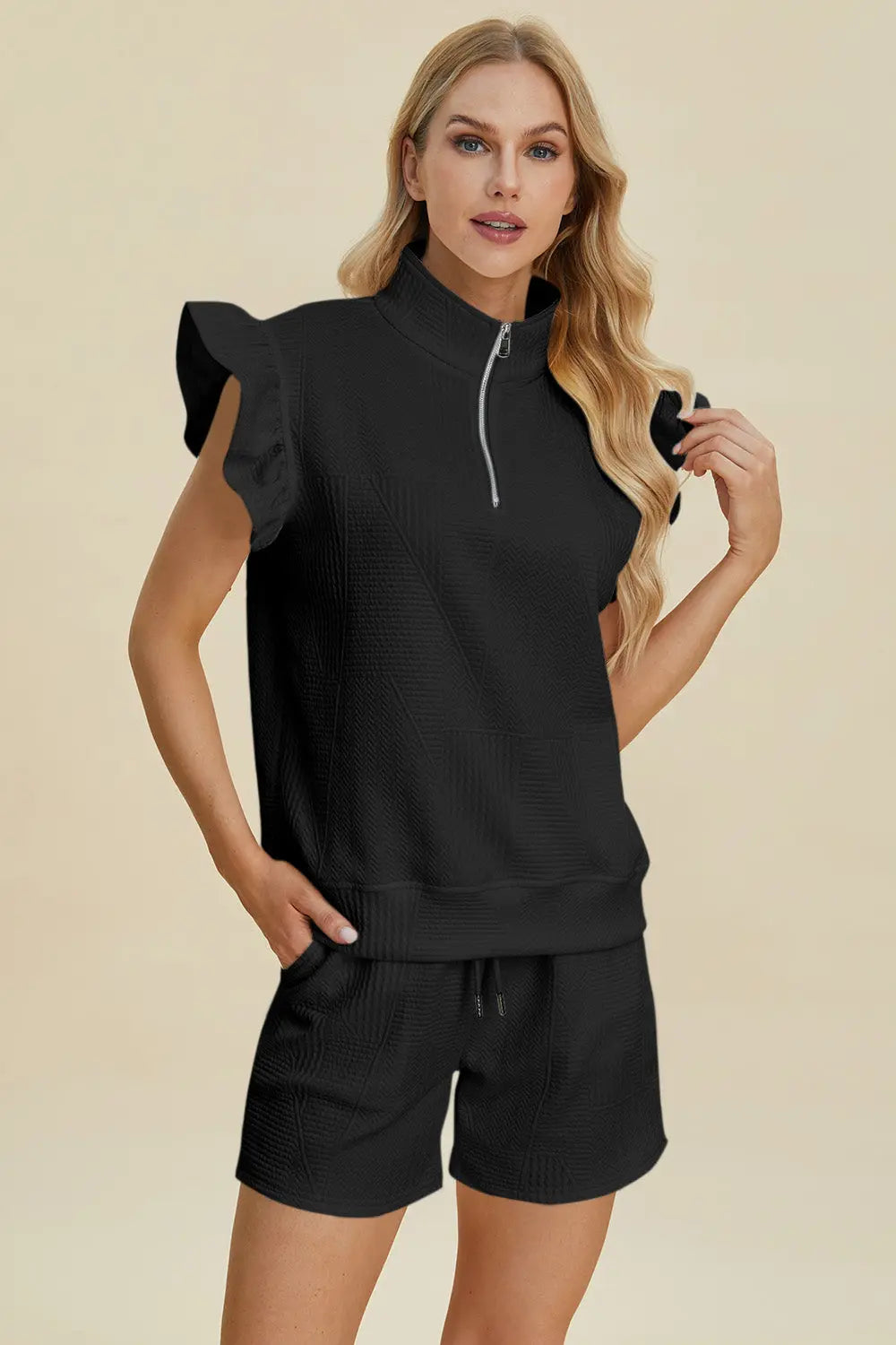 Double Take Full Size Texture Flounce Sleeve Top and Shorts Set-Very Besty