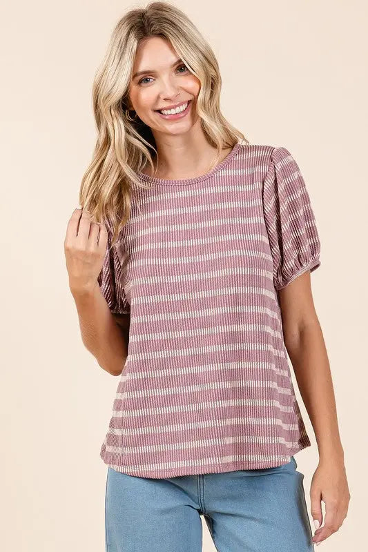 Mittoshop Contrast Striped Short Puff Sleeve Knit Top-Very Besty