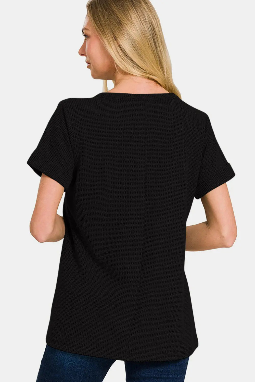 Zenana Notched Short Sleeve Waffle T-Shirt-Very Besty