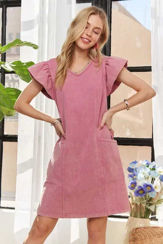 ADORA Mineral Washed V-Neck Ruffled Cap Sleeve Dress-Very Besty