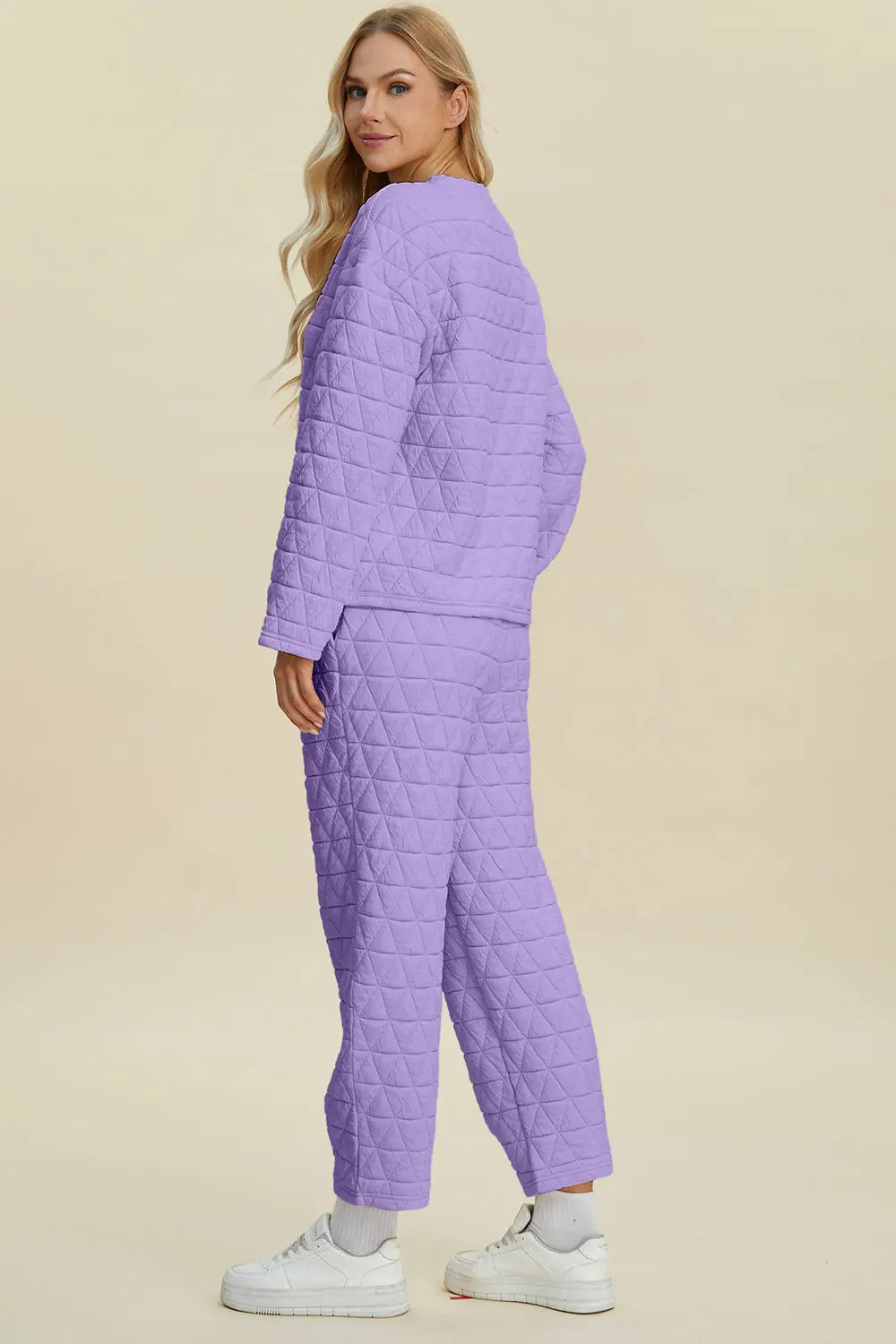 Double Take Full Size Texture Round Neck Long Sleeve Top and Pants Set-Very Besty