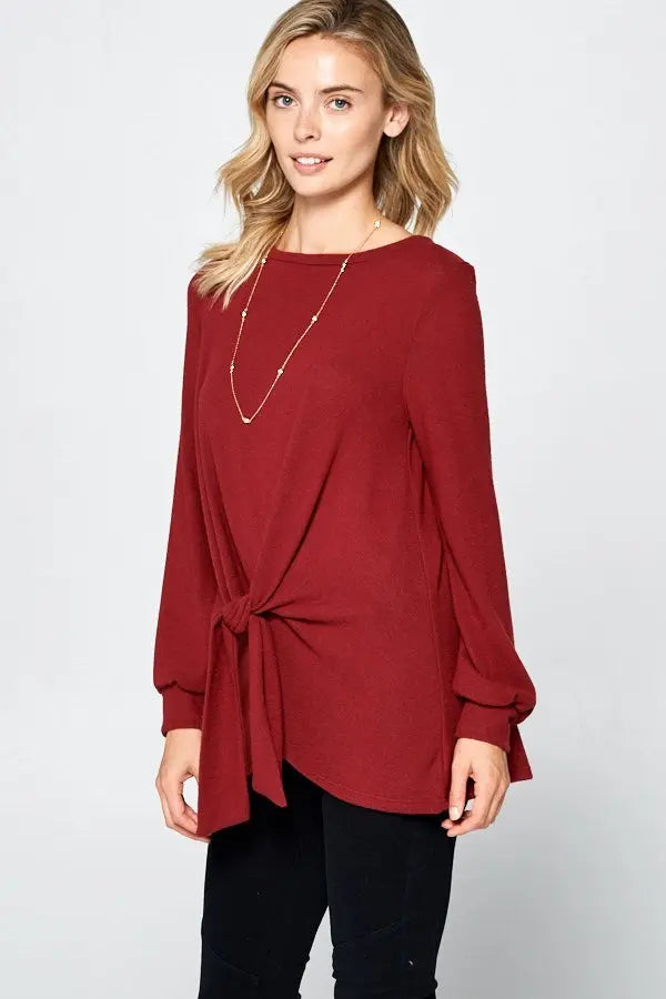 Super Lady Full Size Round Neck Knot Front Hacci Blouse-Very Besty