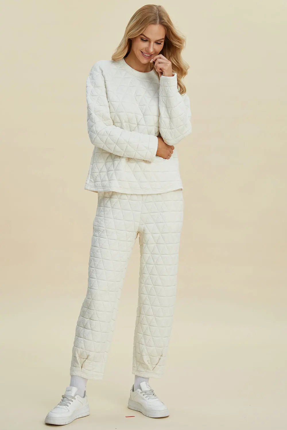 Double Take Full Size Texture Round Neck Long Sleeve Top and Pants Set-Very Besty